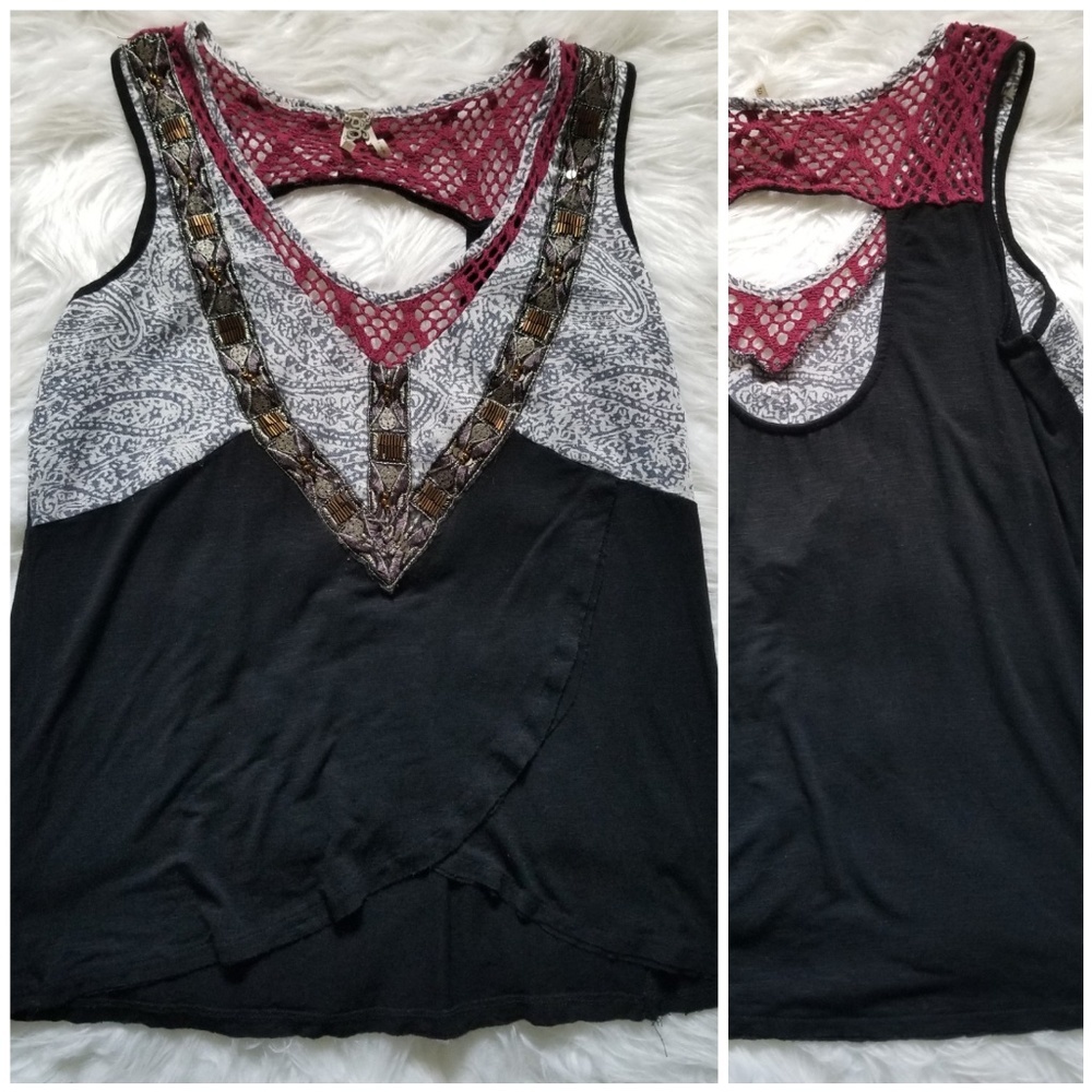 Buckle Black Tank Top with Maroon Lace and Gray Paisley Accents
